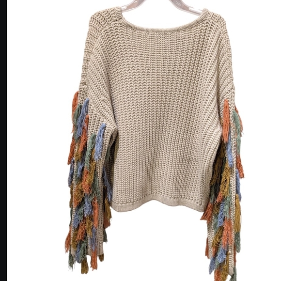 Blue B Collection Tan Knit Sweater With Multi Colored Fringe On Sleeves, Size M. - Picture 9 of 9